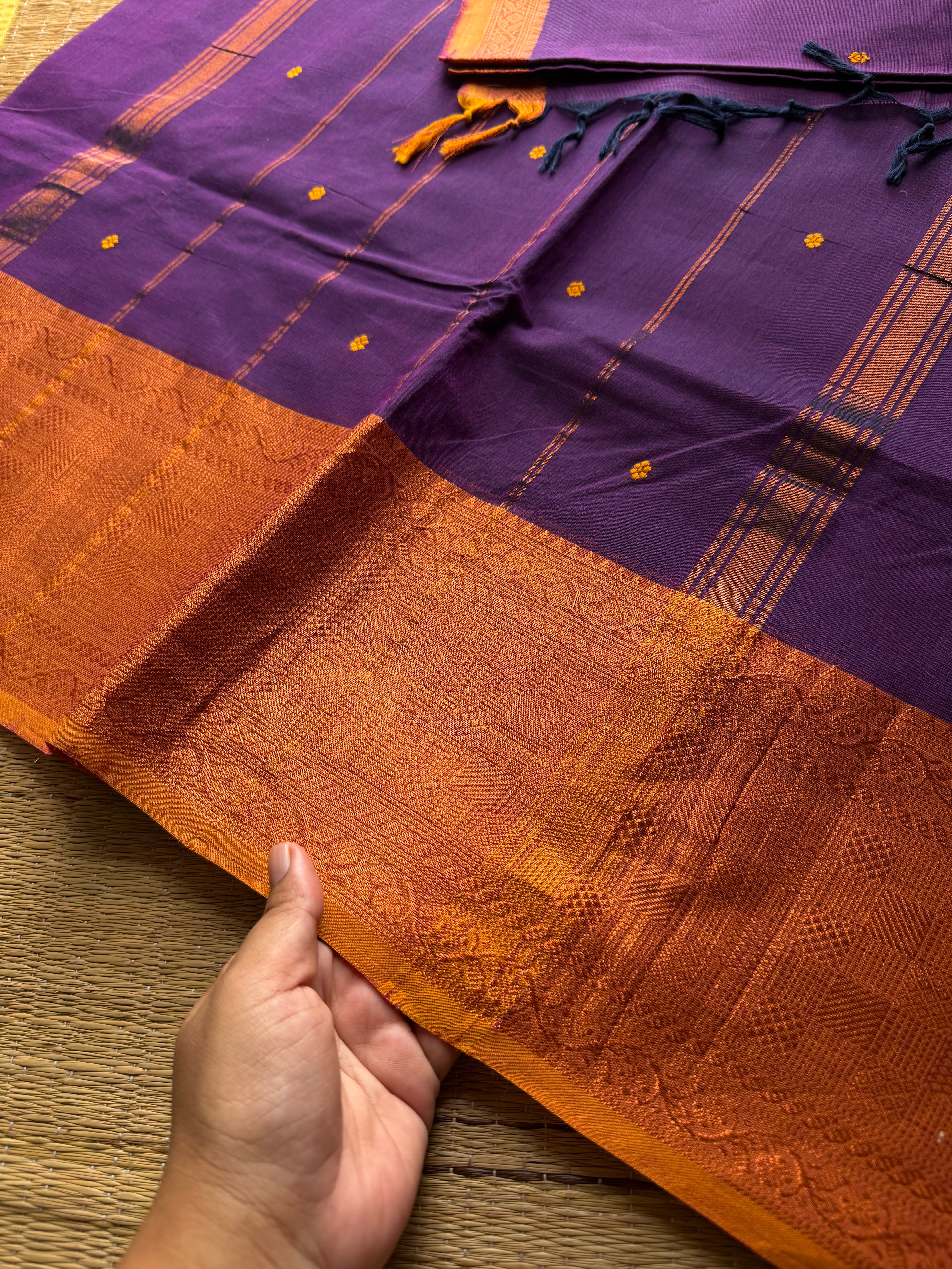 RF886 Copper Zari Kanchi cotton saree with handmade thread buttas ~ Purple