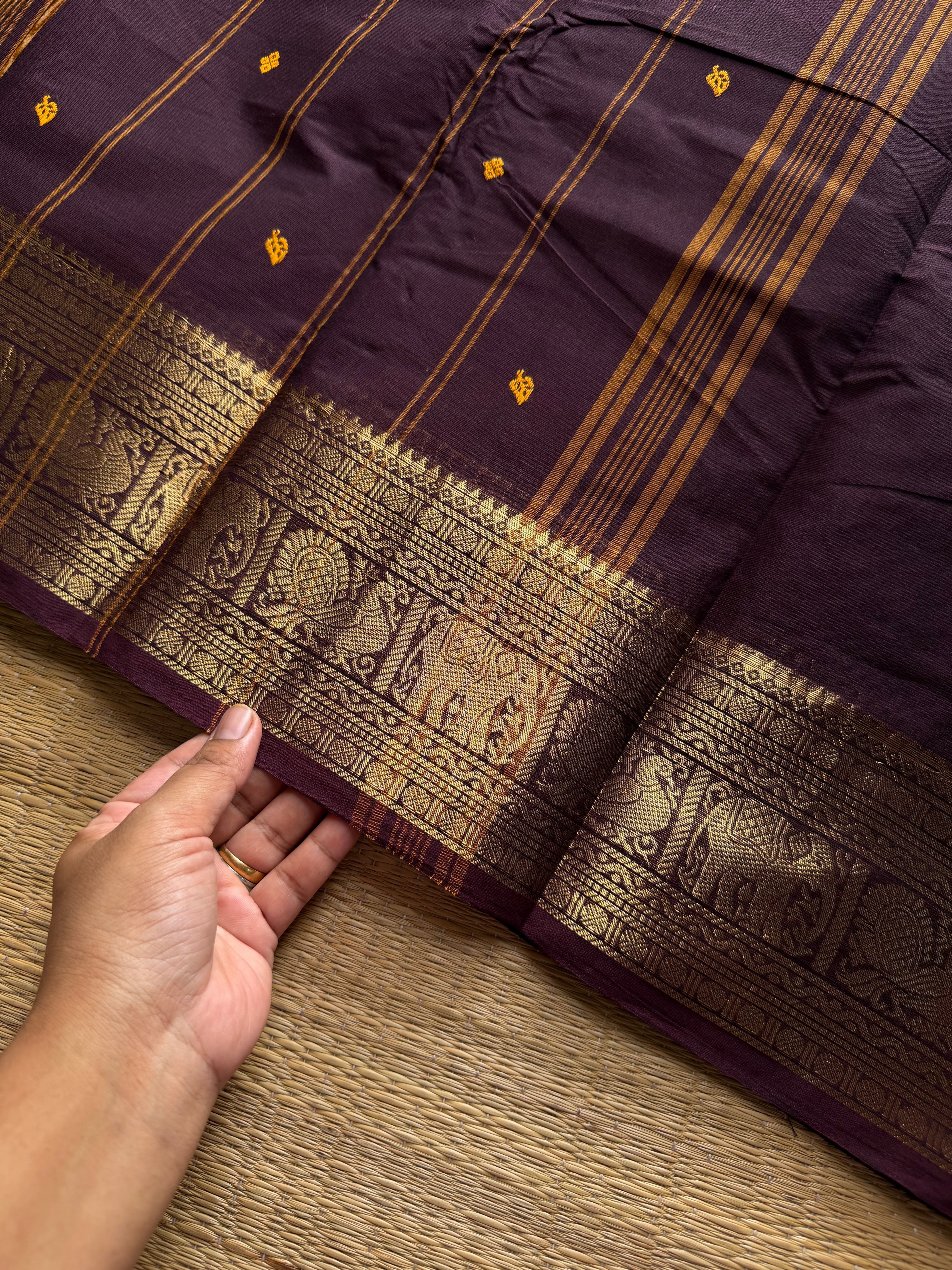 RF1247 Deep coffee brown Kanchi cotton saree with handmade thread buttas ~ Silk Saree Inspired