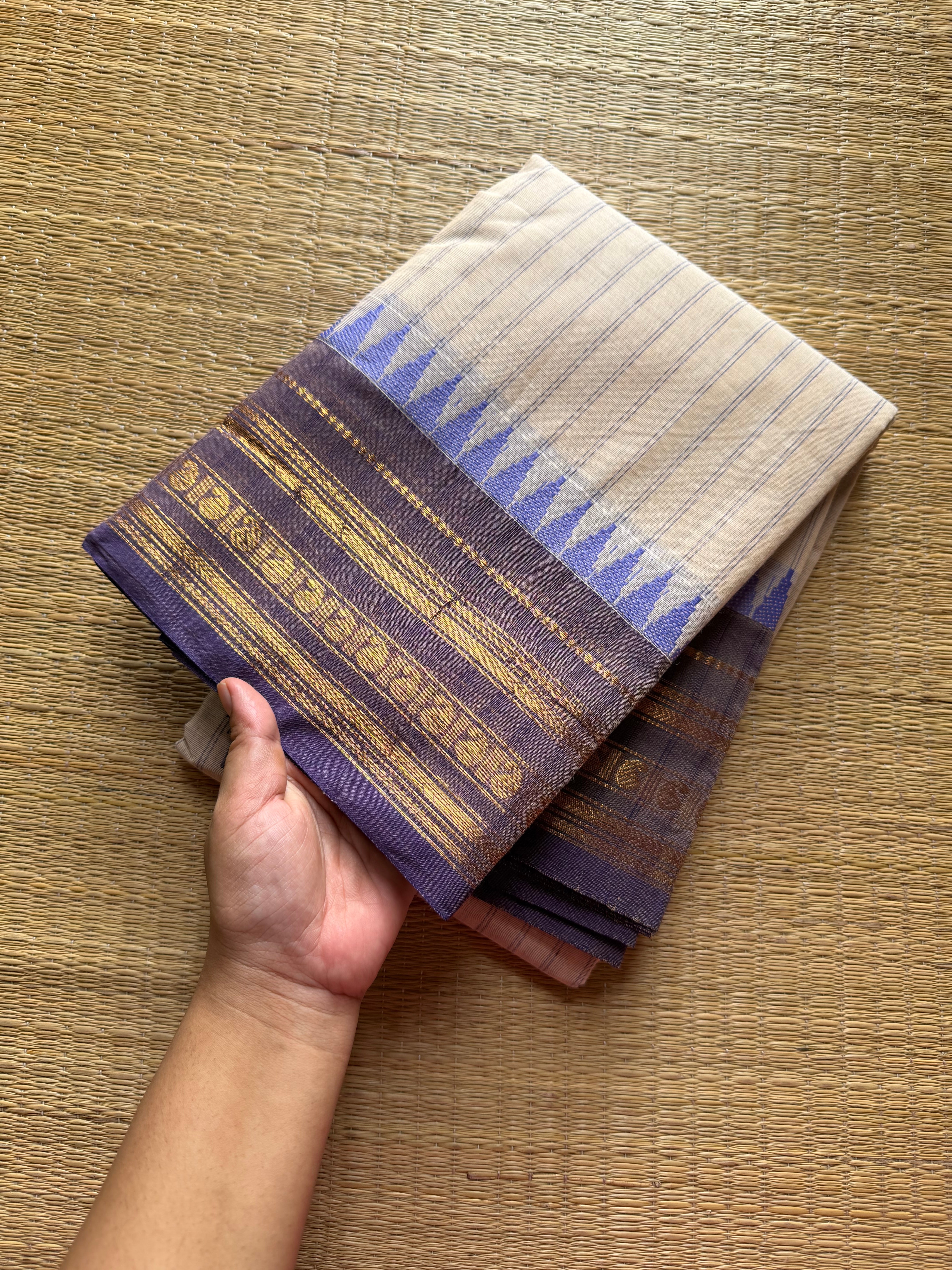 RF532 Half white with light lavender Combination Kanchi Cotton Saree With Stripped pattern