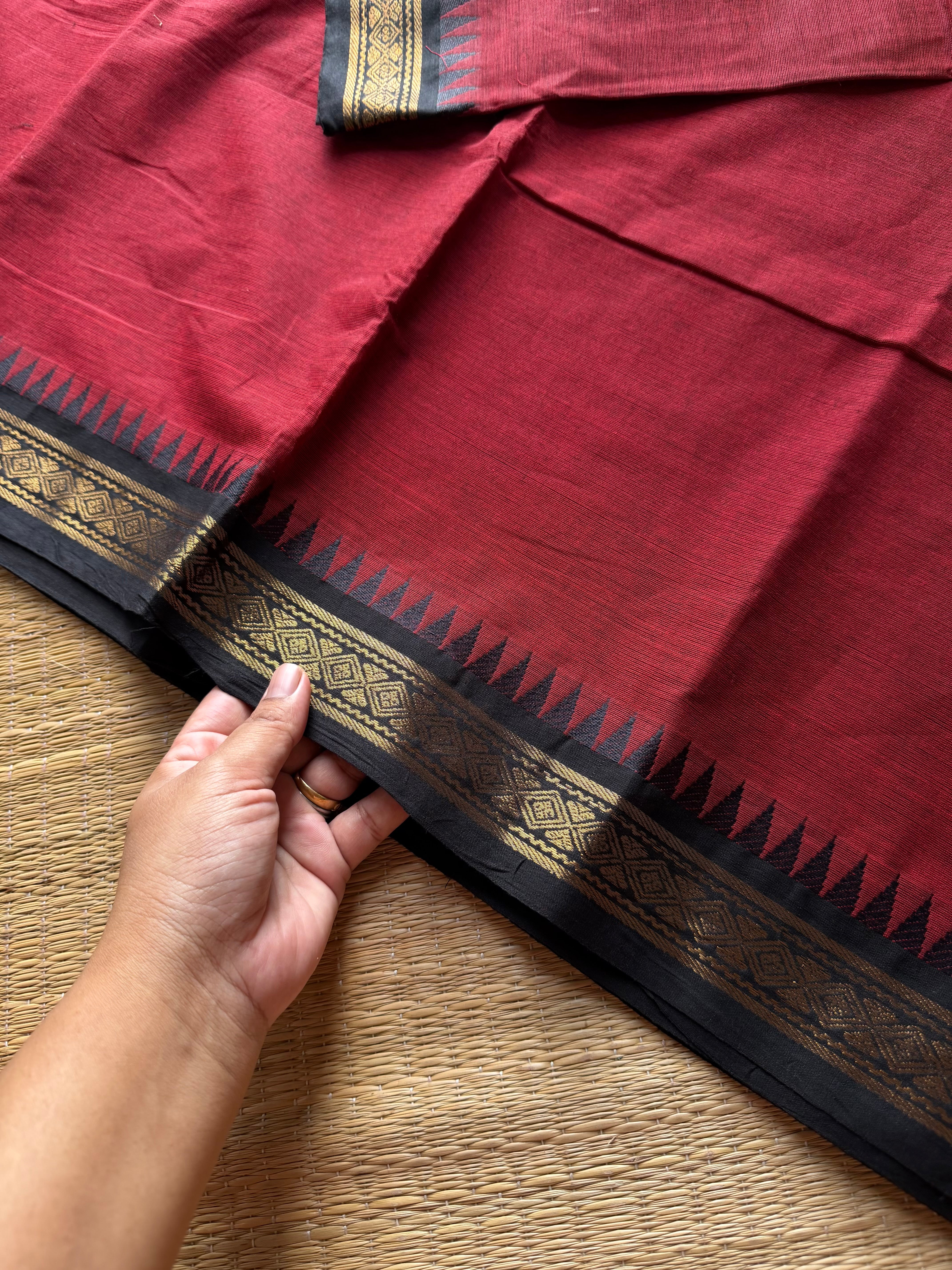 RF995 Maroon with black ~ Small border Kanchi cotton saree