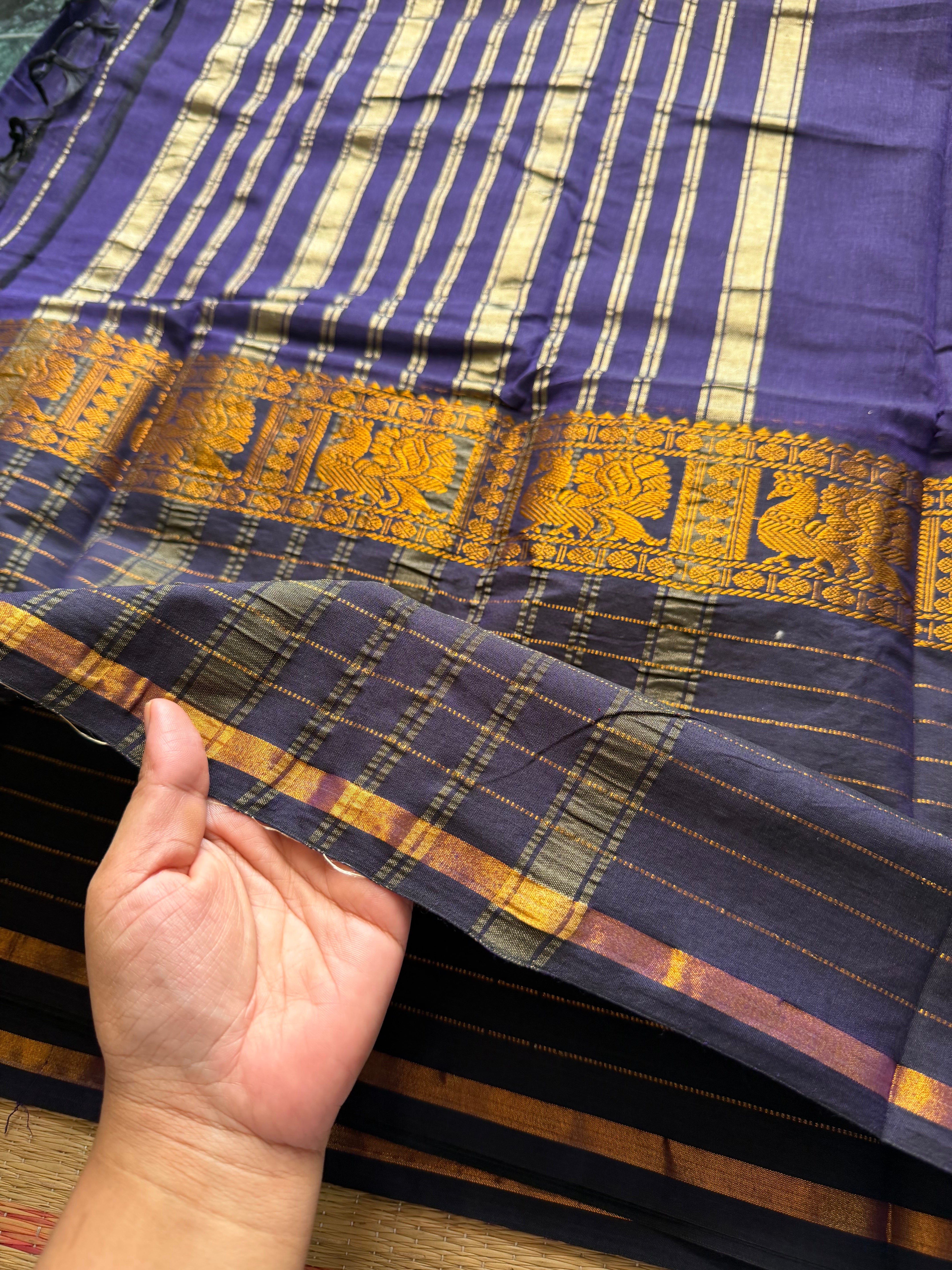 RF618 Navy blue shade Narayanpet big / long border cotton saree