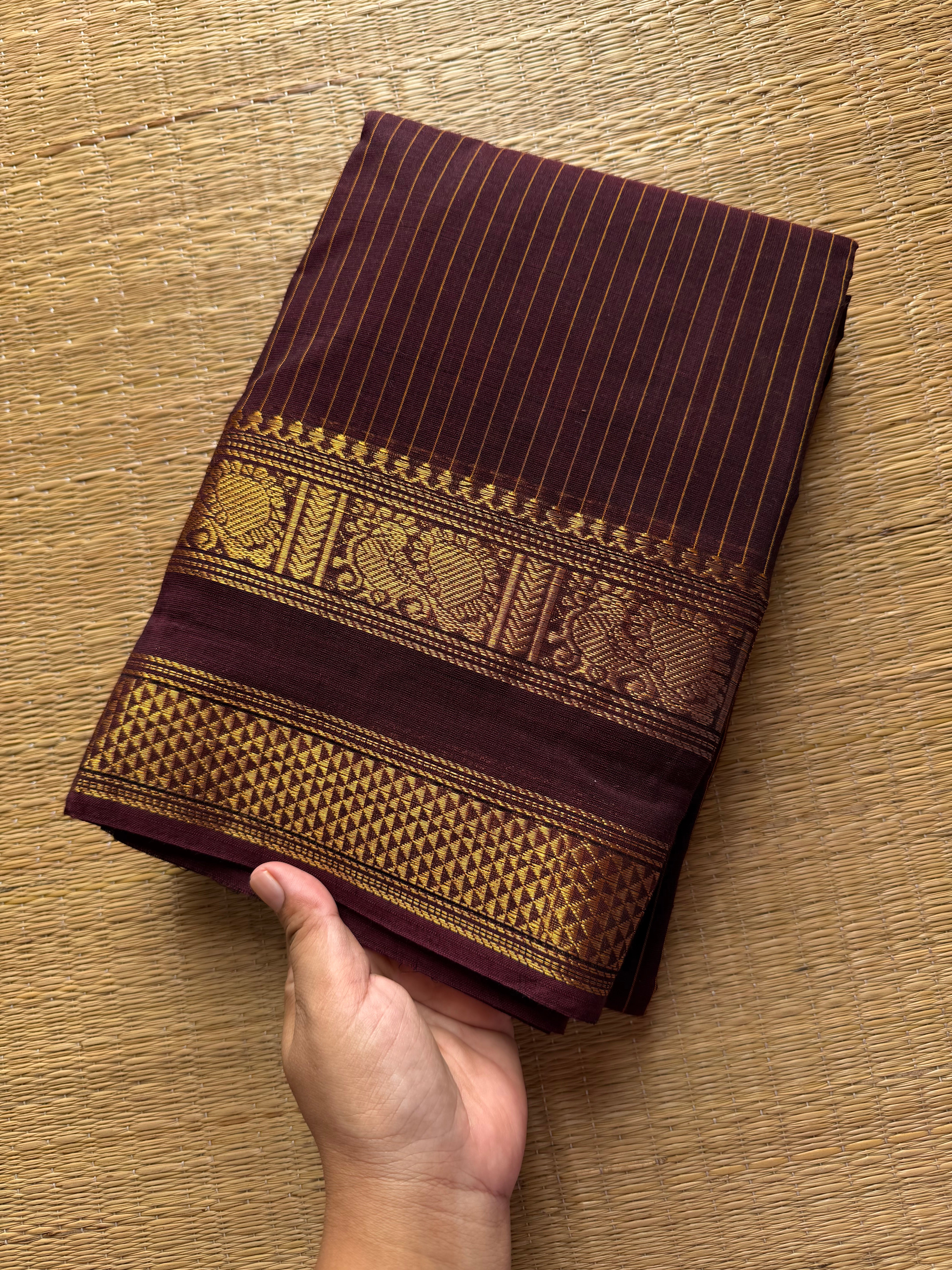 RF389 Coffee brown shade Kanchi cotton saree with Korvai Vaira Oosi thread vertical lines pattern with vintage Rettapet Zari border