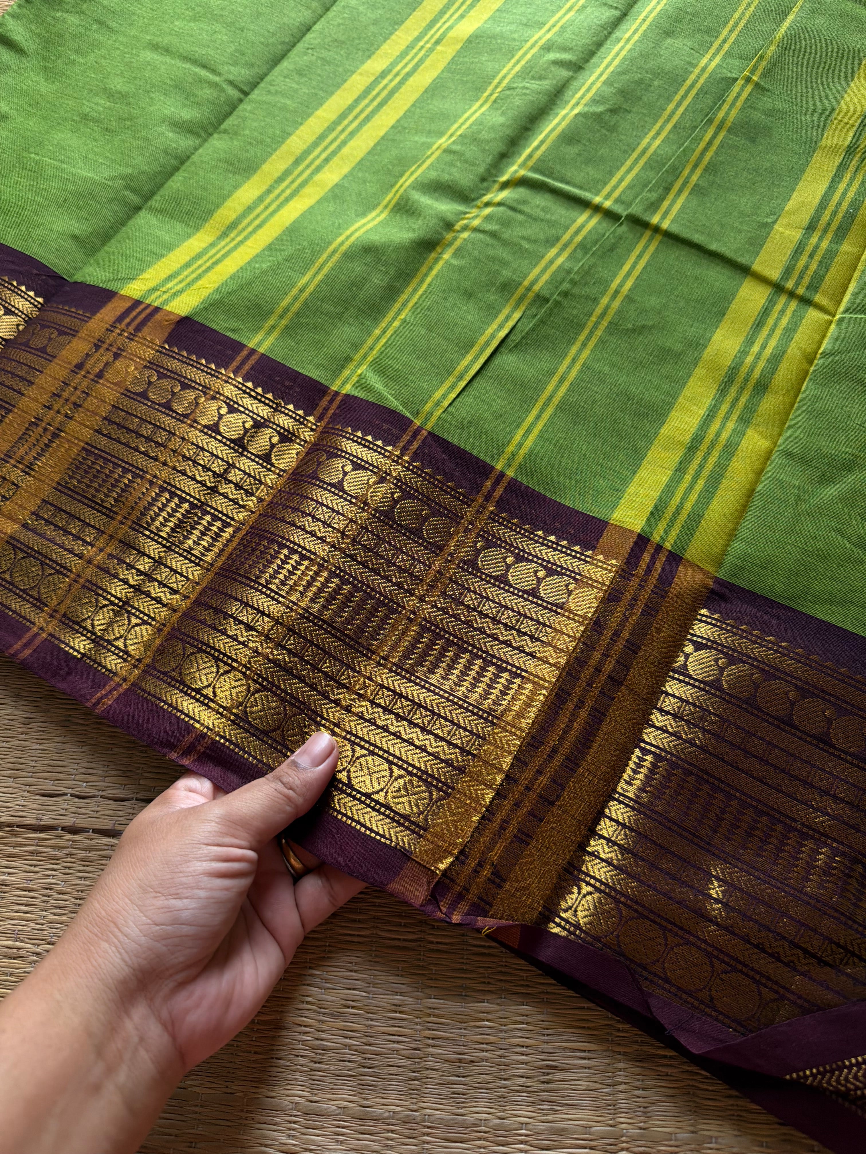 RF1360 Green with brown ~ Kanchi Cotton Saree
