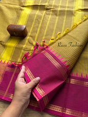 RF56 Dual tone mustard yellow shade   with contrast magenta pink vintage border Podi Kattam Kanchi cotton saree
