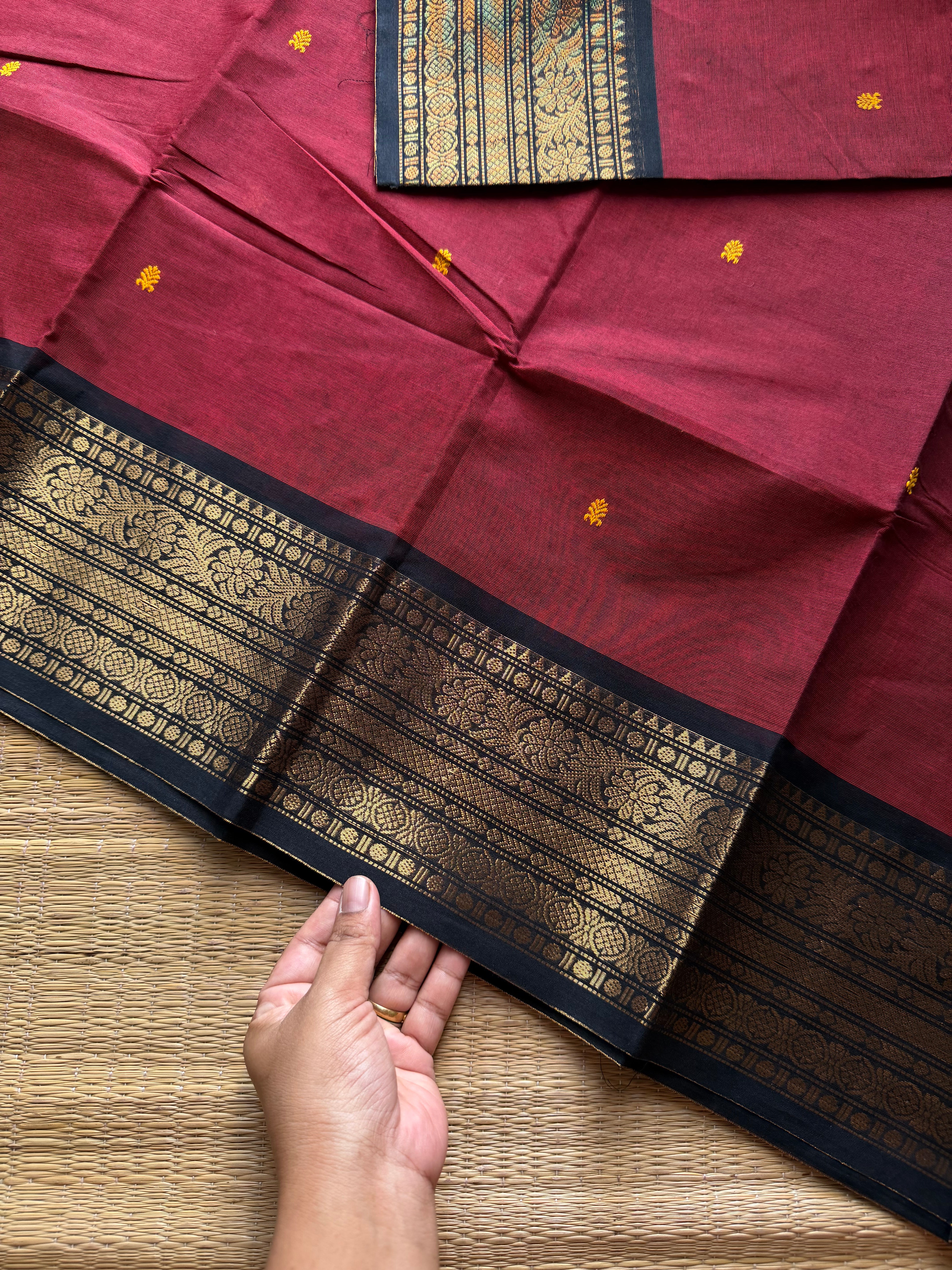 RF1072 Maroon with black Kanchi cotton saree with handmade thread buttas