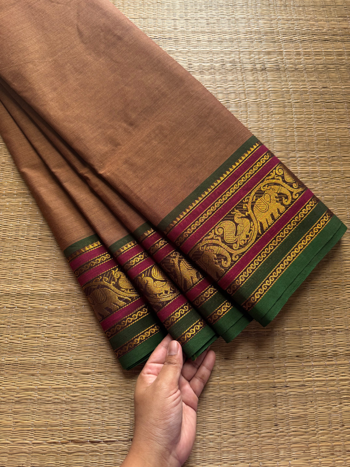 RF398 Dual tone earth Brown Shade Kanchi Cotton Saree with multi color contrast border