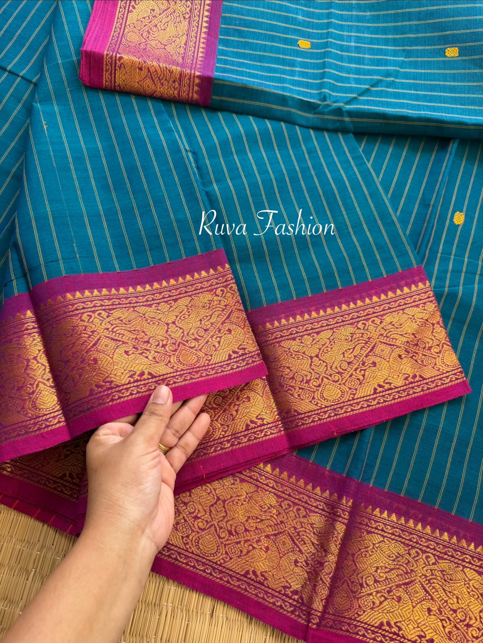 RF131 Dark Peacock Blue Shade With contrast magenta pink combination Vanasingaram border Kanchi cotton saree with striped pattern & handmade thread buttas