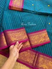 RF131 Dark Peacock Blue Shade With contrast magenta pink combination Vanasingaram border Kanchi cotton saree with striped pattern & handmade thread buttas