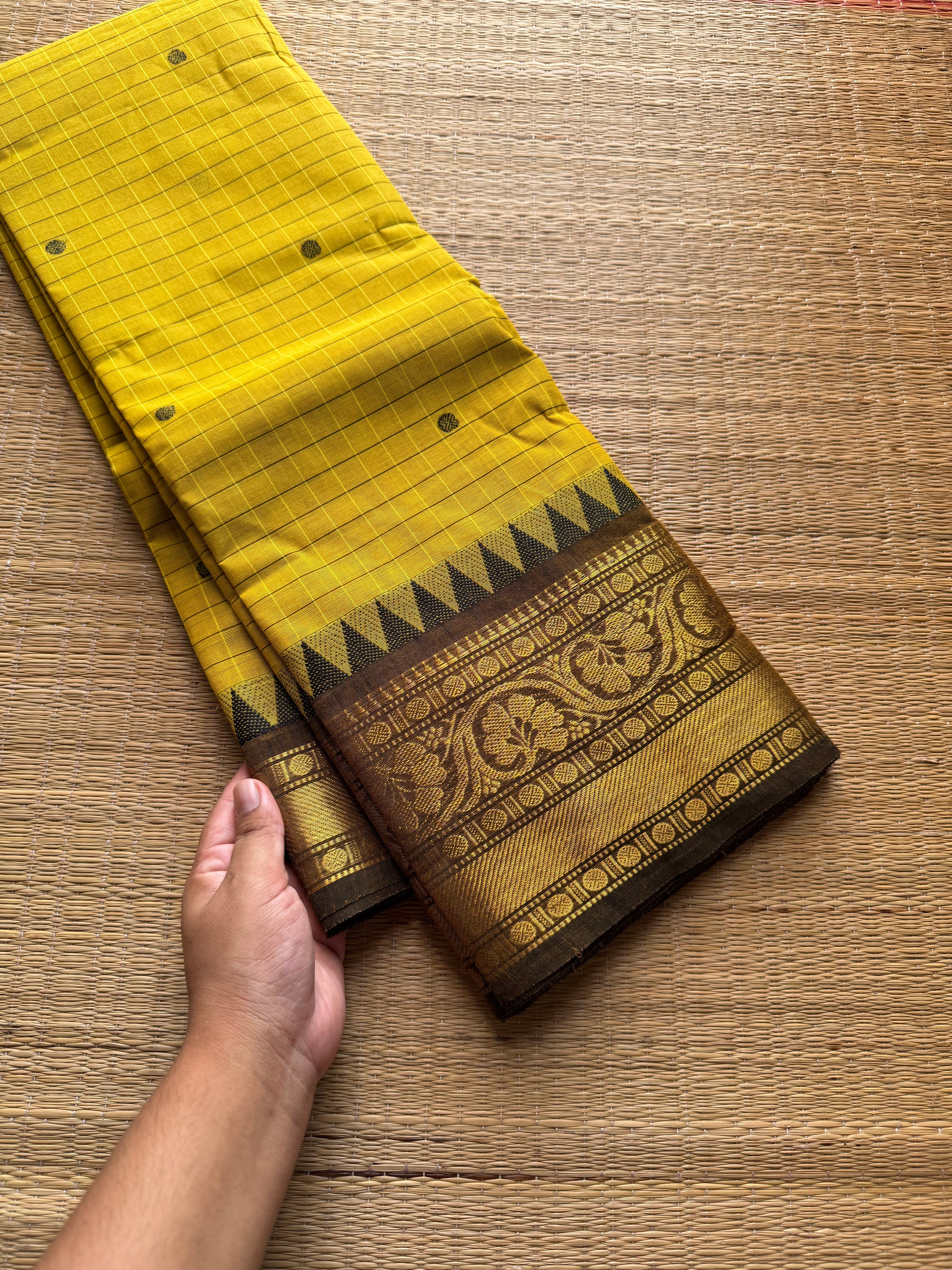 RF715 Yellow Kattam Kanchi cotton saree with handmade thread buttas
