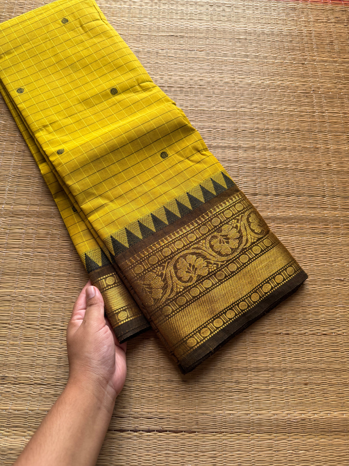 RF715 Yellow Kattam Kanchi cotton saree with handmade thread buttas