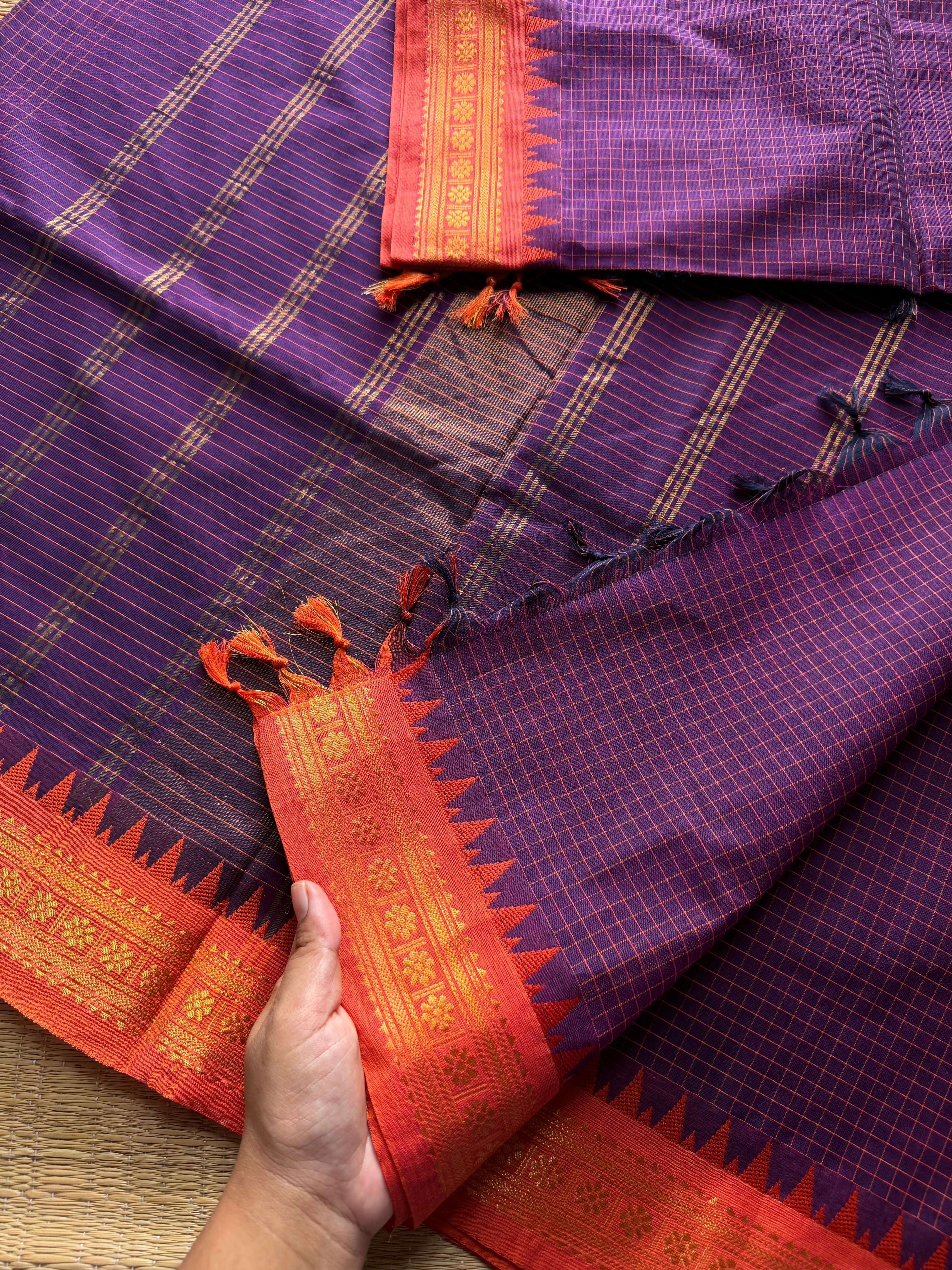 RF659 Podikattam / small checks Kanchi cotton saree ~ Purple