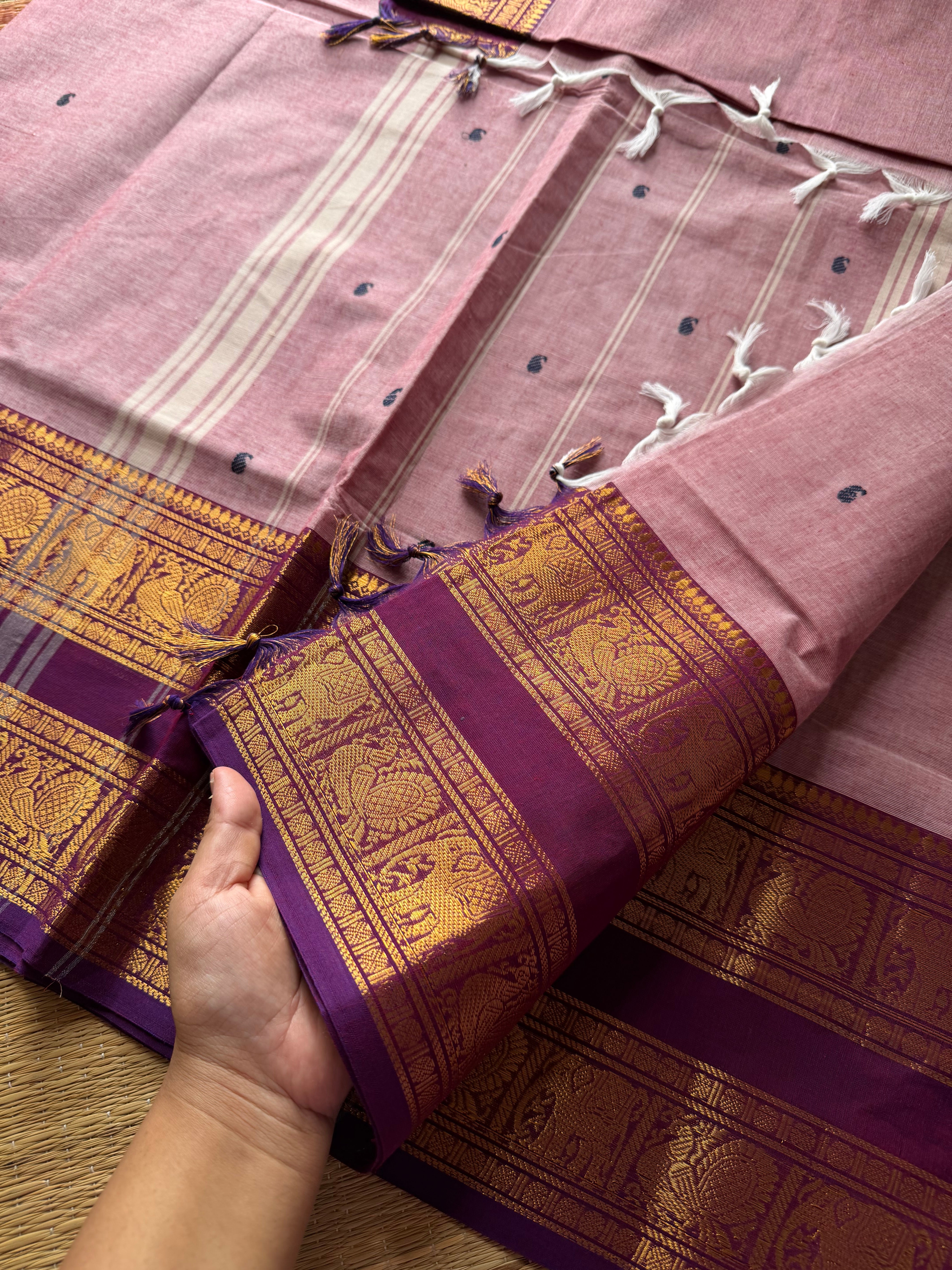 RF495 Pastel pink with purple combination Rettapet border Kanchi cotton saree with handmade thread buttas