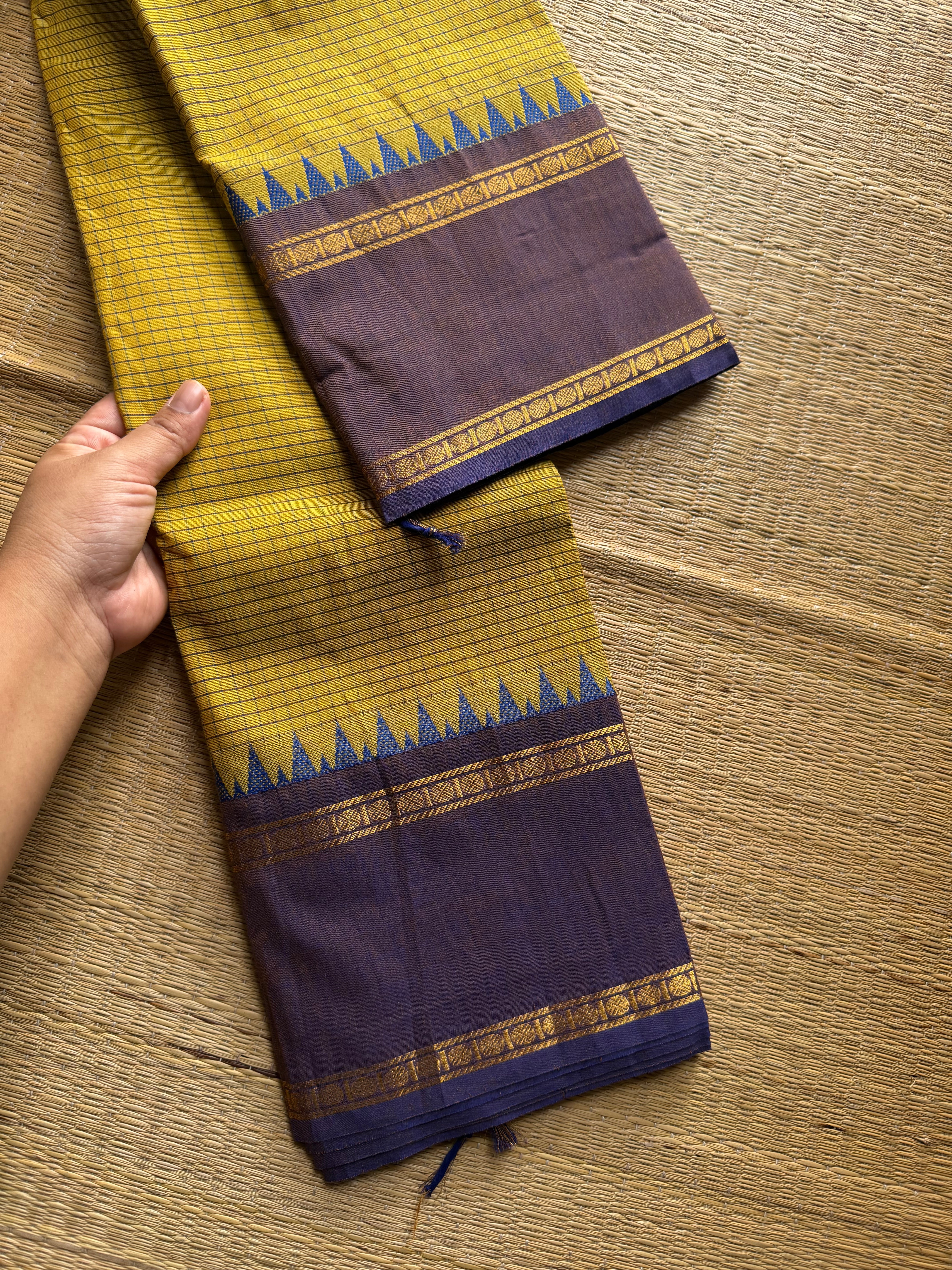 RF491 Mustard yellow with light lavender combination vintage style gap border & Podikattam / small checks Kanchi cotton saree