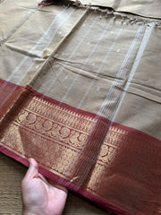 RF240 Cream shade Kanchi cotton saree with contrast brick shade zari border & handmade thread buttas