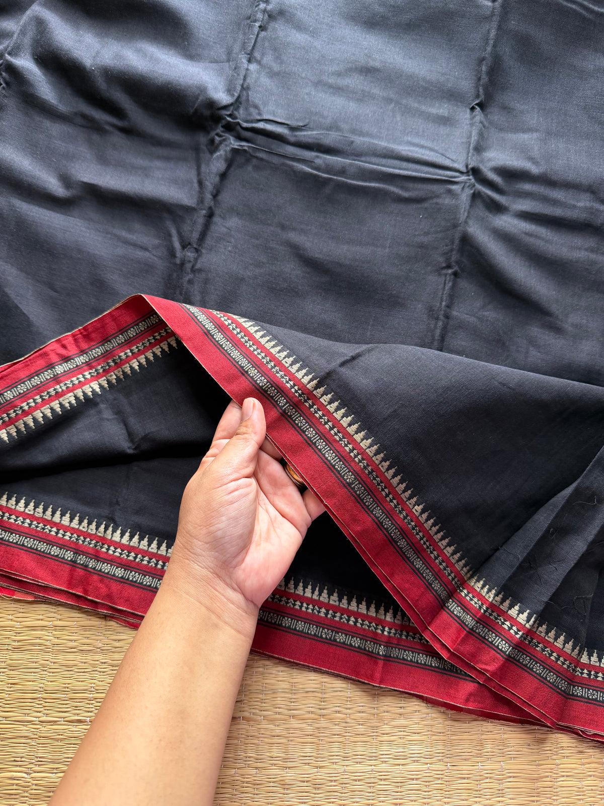RF457 Black with red combination Mercerised Narayanpet cotton saree with small thread border