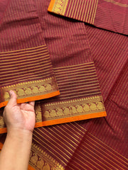 RF143 Arakku / Maroon Shade Vaira Oosi pattern Kanchi cotton saree small contrast orange shade mango Zari border