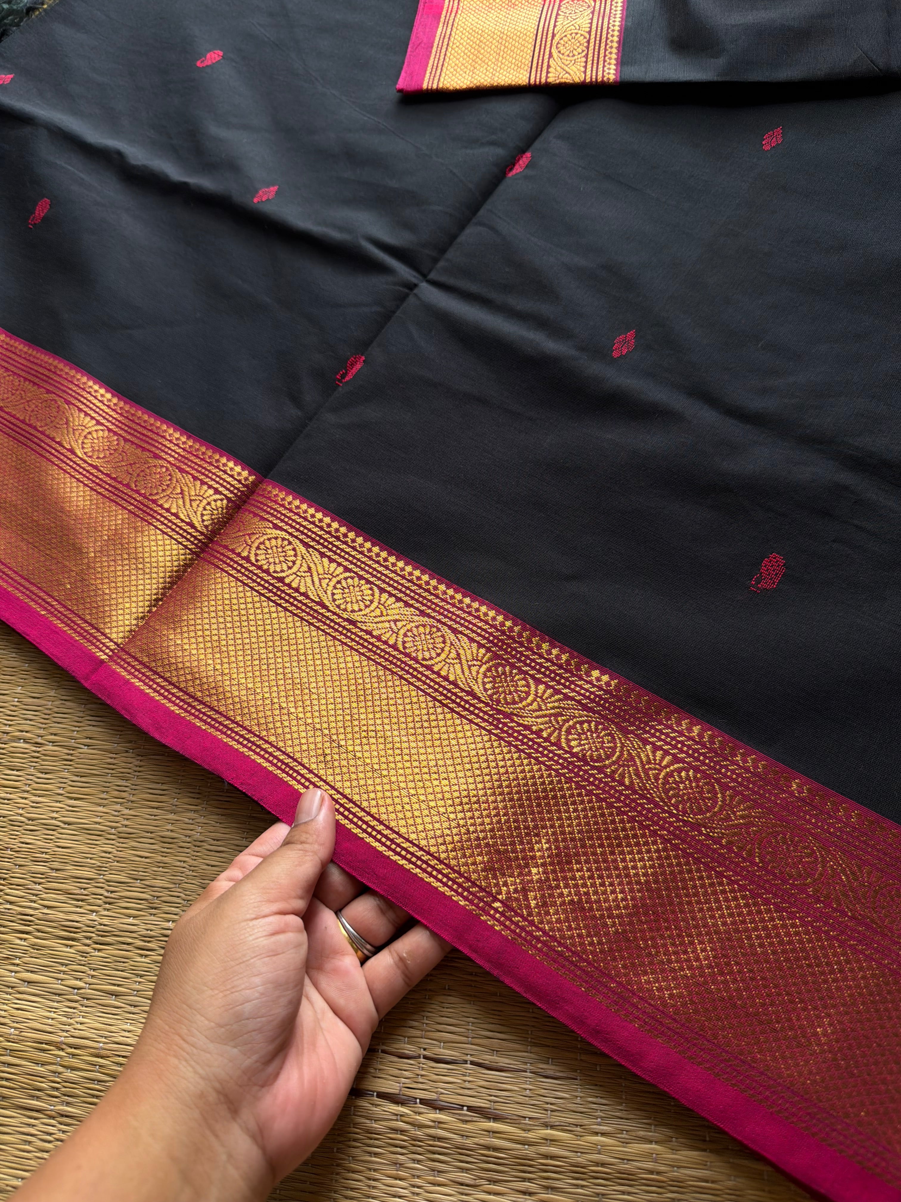RF896 Kanchi cotton saree with handmade thread buttas ~ Black