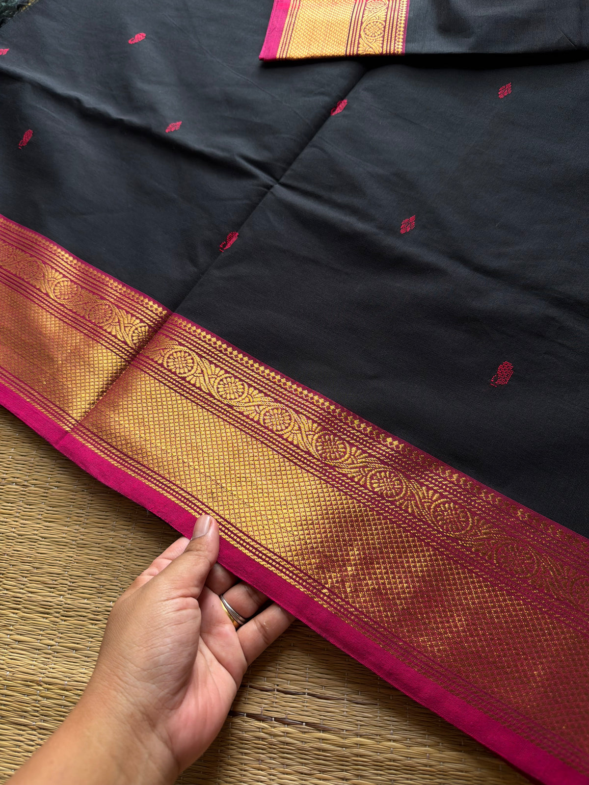 RF896 Kanchi cotton saree with handmade thread buttas ~ Black