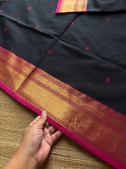 RF896 Kanchi cotton saree with handmade thread buttas ~ Black