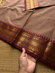 RF705 Biscuit shade with brown  ~ Medium Size Border Kanchi Cotton Saree