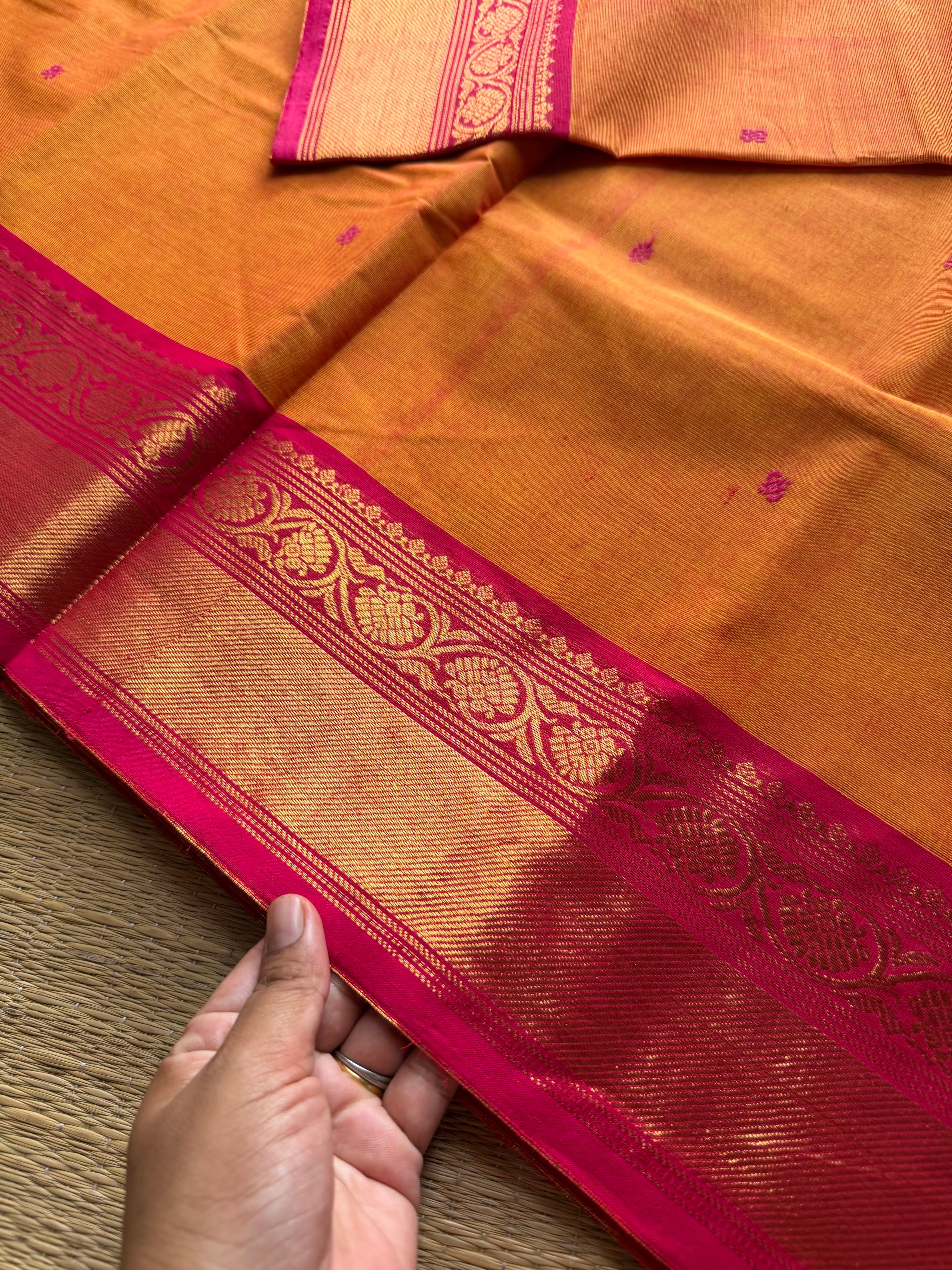 RF882 Dark mango shade with pink combination Kanchi cotton saree with handmade thread buttas
