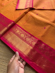 RF882 Dark mango shade with pink combination Kanchi cotton saree with handmade thread buttas