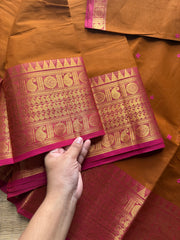 RF583 Rustic orange shade with pink combination mango pattern Kanchi cotton saree with handmade thread buttas