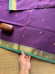 Purple with green combination small border Kanchi cotton saree with handmade golden Zari Buttas