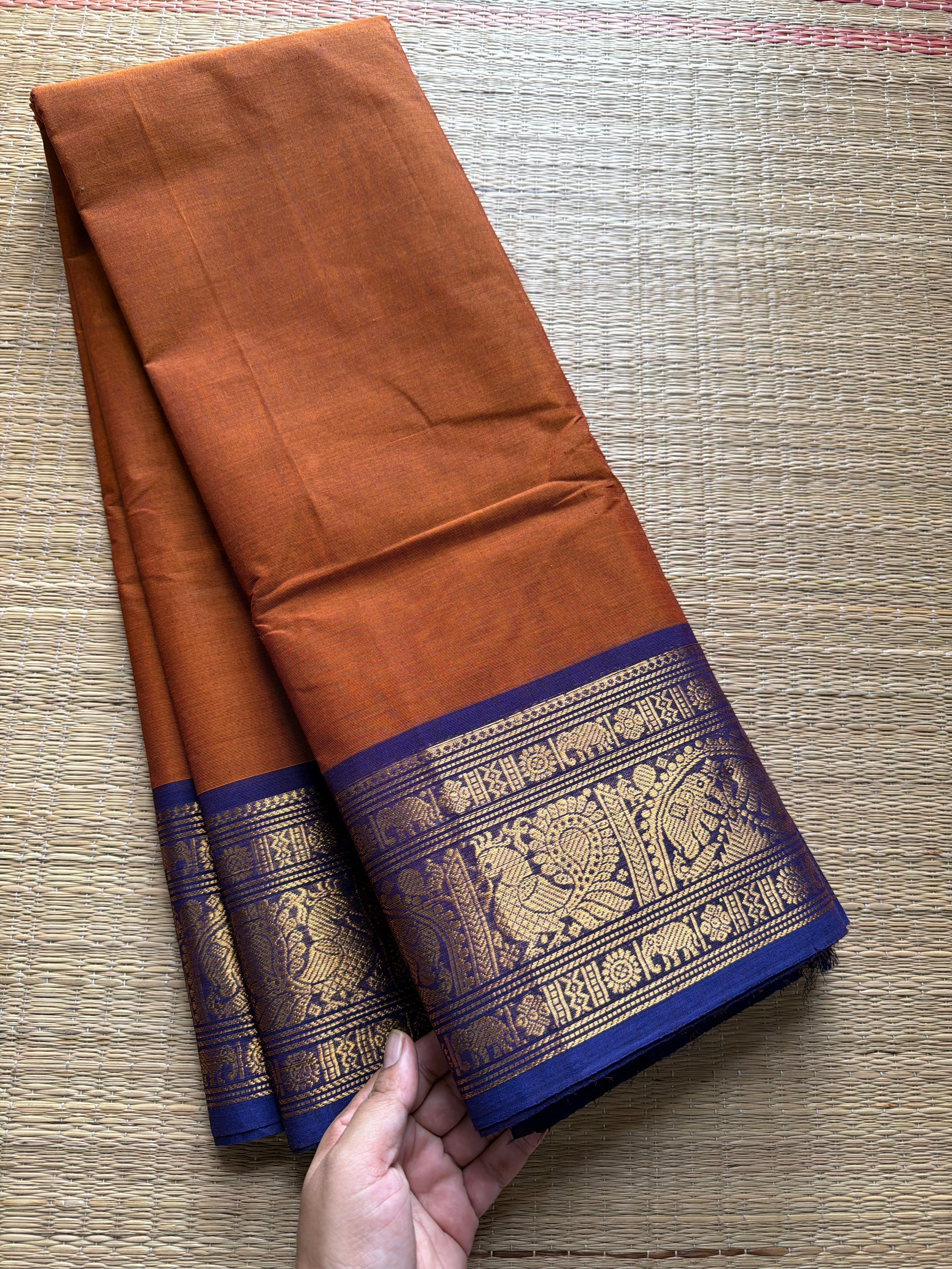RF384 Dual tone Rust orange with violet combination Kanchi cotton saree