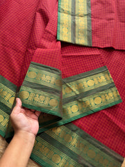 RF302 Reddish maroon shade with & Green Combination Kattam / Checks Pattern Kanchi Cotton Saree