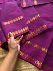 RF743 Monotone magenta pink shade Kanchi cotton saree with Korvai Vaira Oosi thread vertical lines pattern with vintage Rettapet border