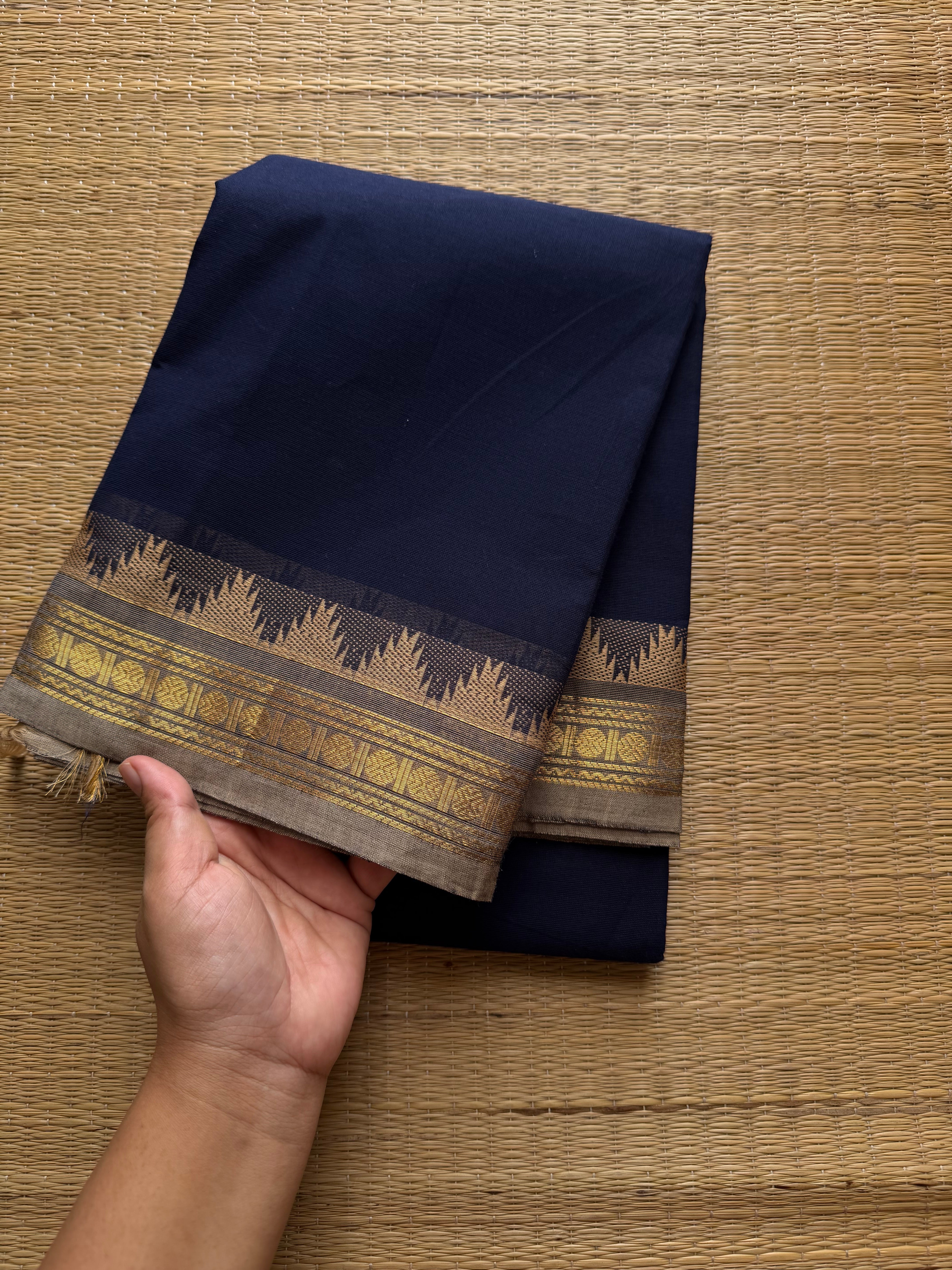 RF505 Navy blue with grey combination small border Thazhampoo pattern Kanchi cotton saree