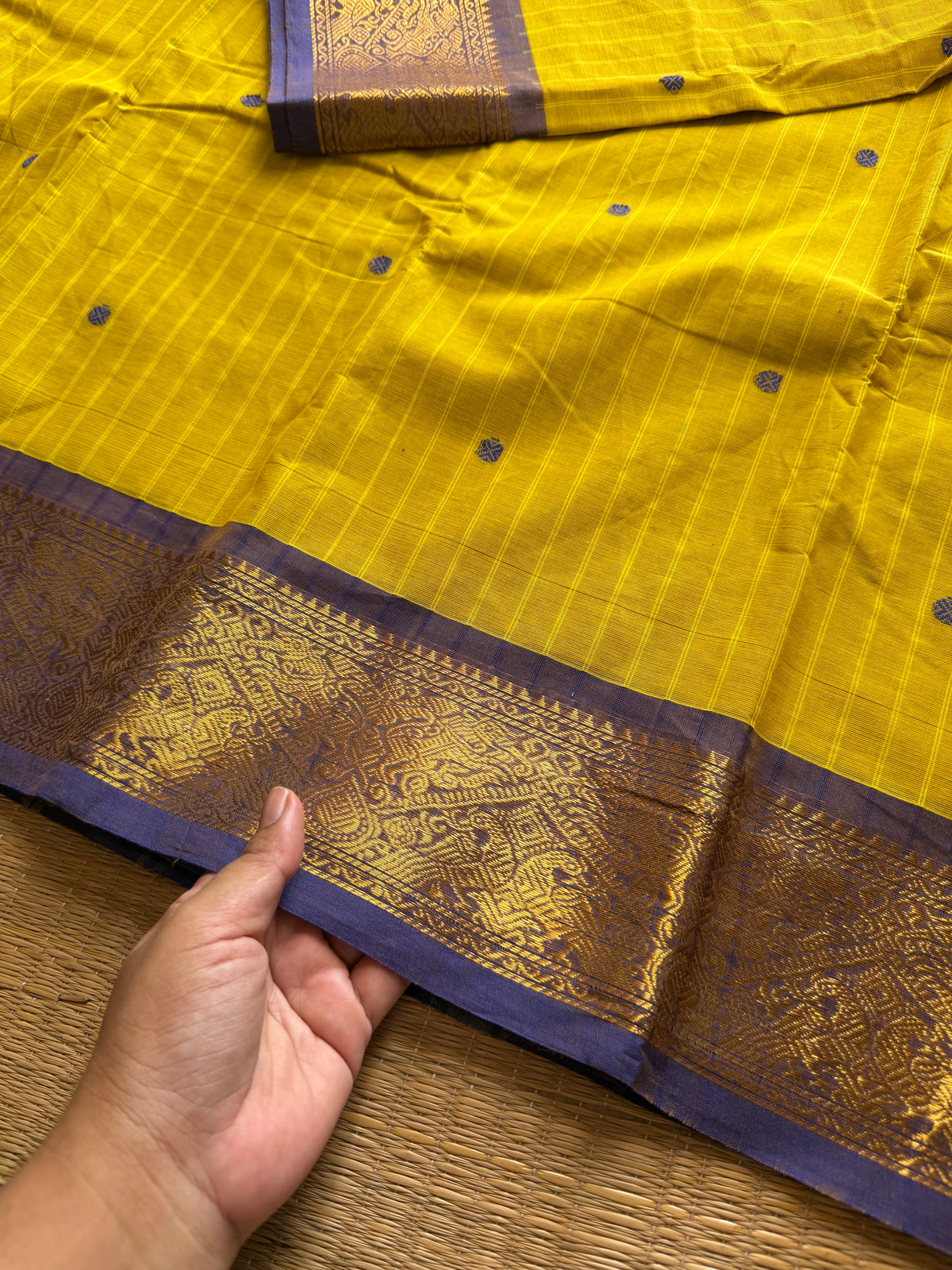 RF255 Mustard Yellow shade vintage Vanasingaram border Kanchi Cotton Saree with striped pattern & handmade thread buttas