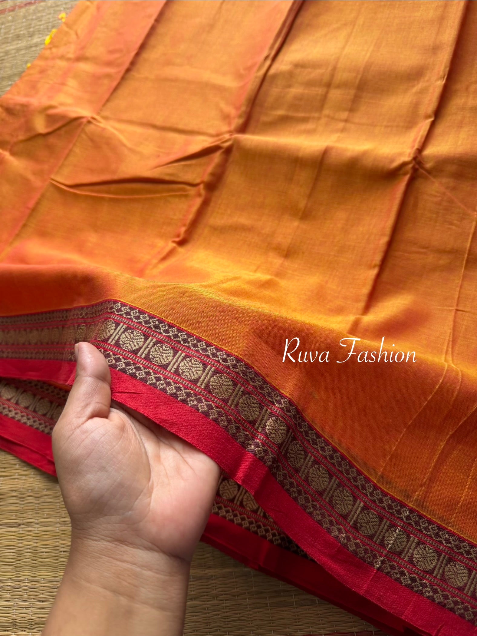 RF100 orange Shade Mercerised Narayanpet cotton saree with contrast small Border