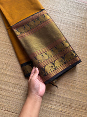RF1191 Mustard with black ~ Long / Big border Kanchi cotton saree