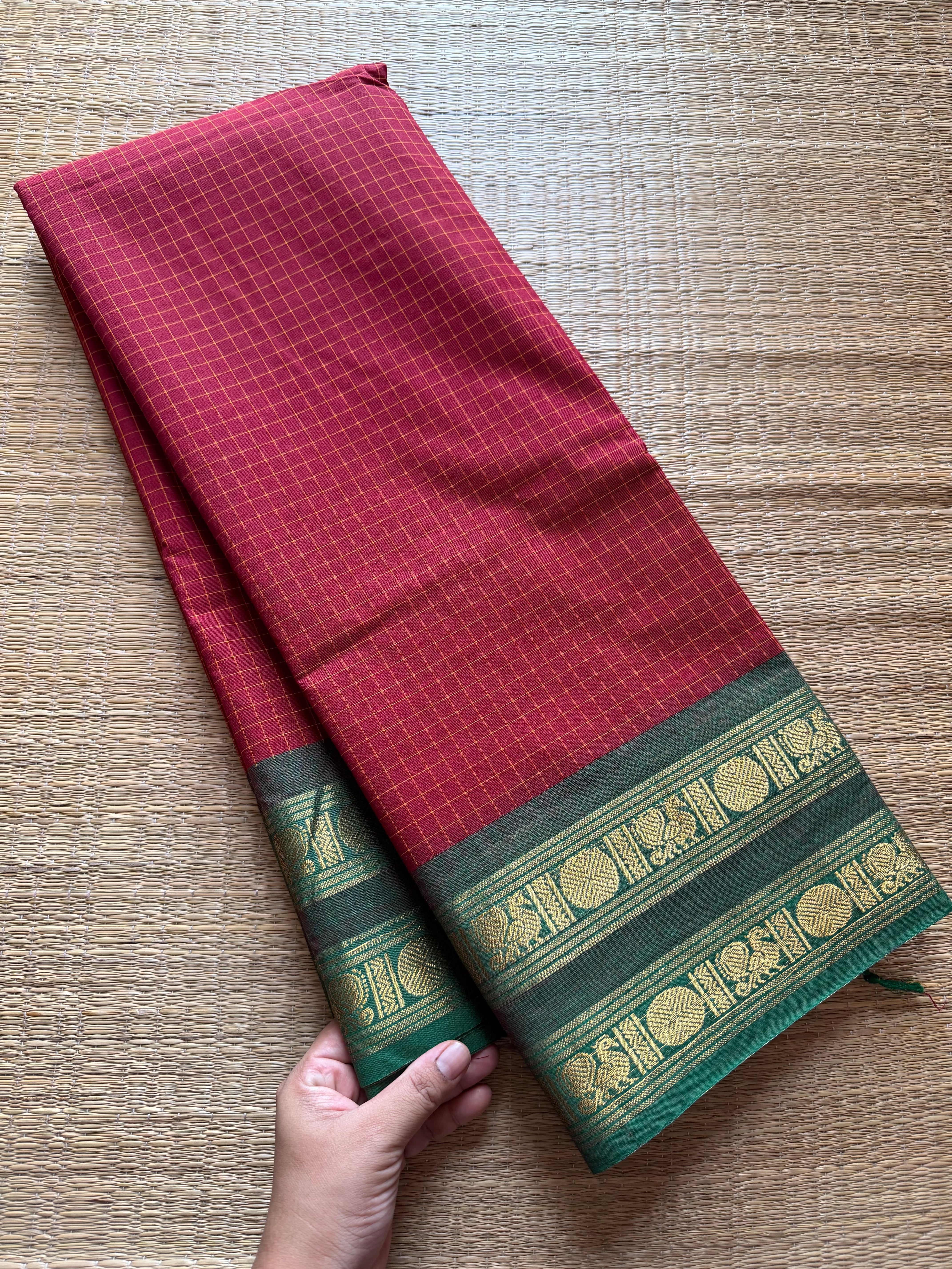 RF302 Reddish maroon shade with & Green Combination Kattam / Checks Pattern Kanchi Cotton Saree