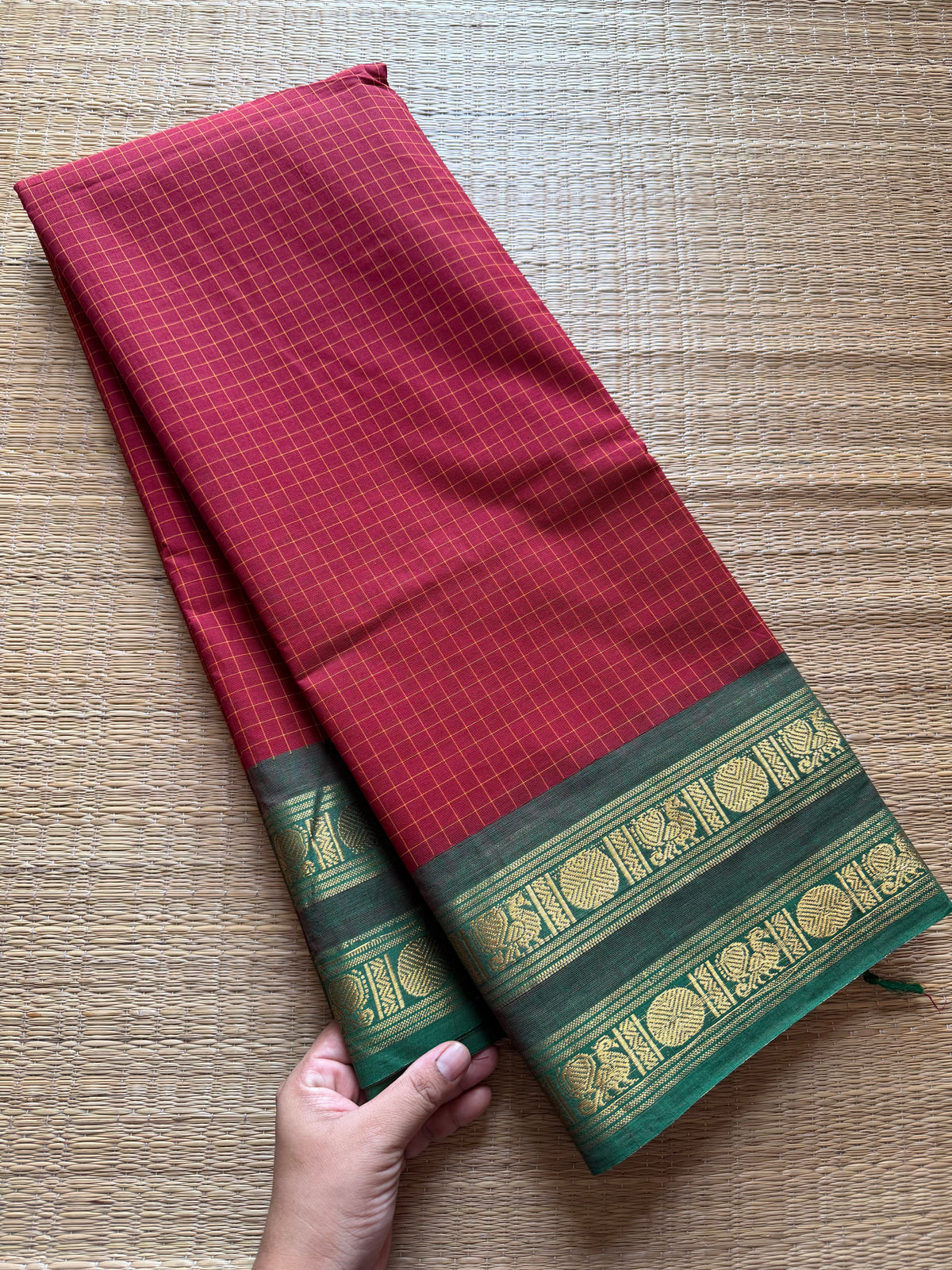 RF302 Reddish maroon shade with & Green Combination Kattam / Checks Pattern Kanchi Cotton Saree