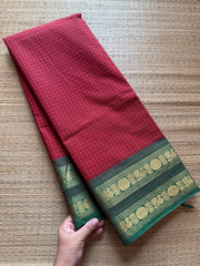 RF302 Reddish maroon shade with & Green Combination Kattam / Checks Pattern Kanchi Cotton Saree