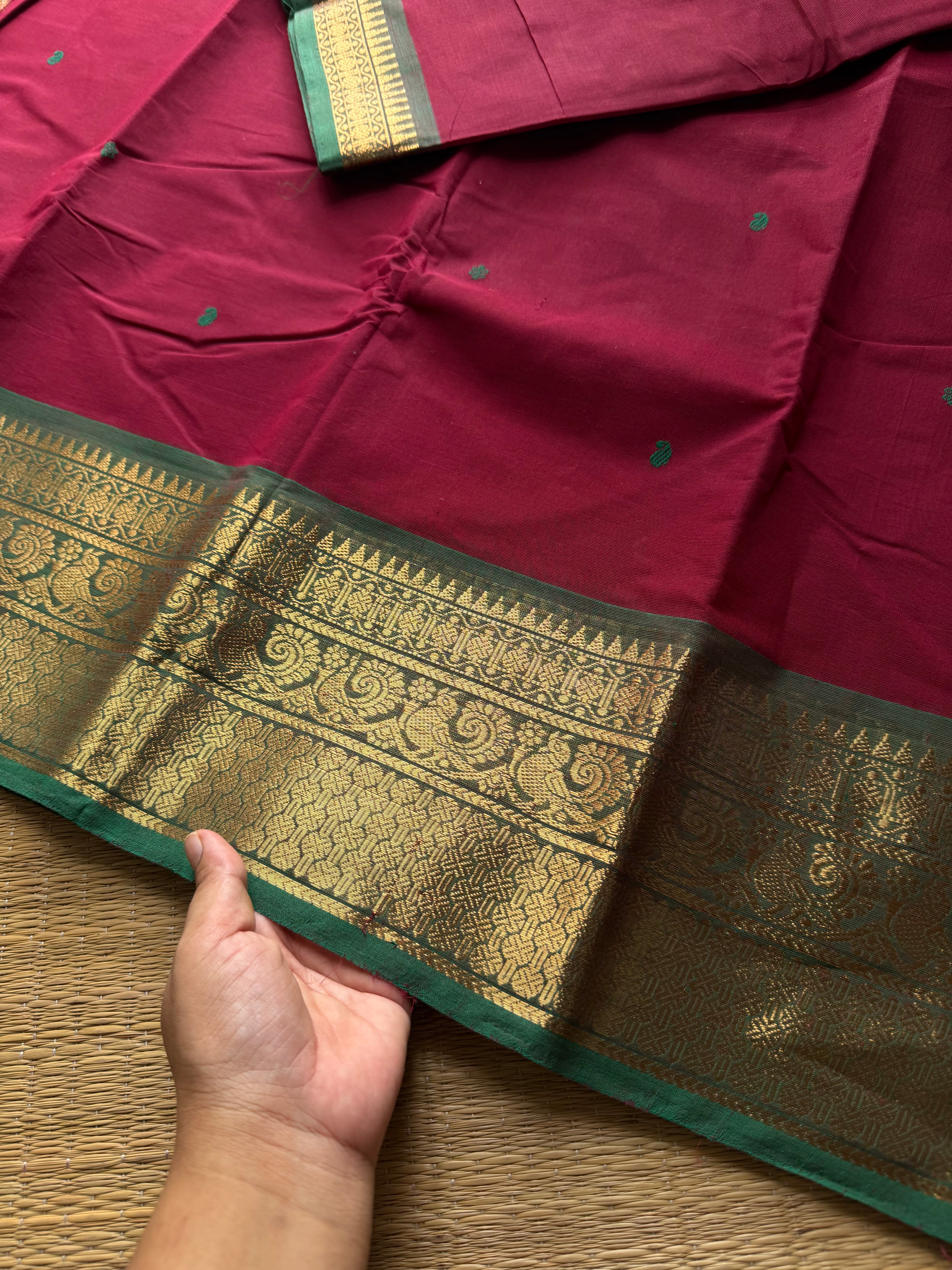 RF548 Maroon with green combination Kanchi cotton saree with handmade thread buttas