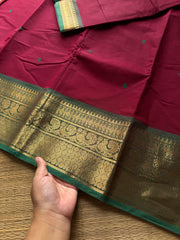 RF548 Maroon with green combination Kanchi cotton saree with handmade thread buttas