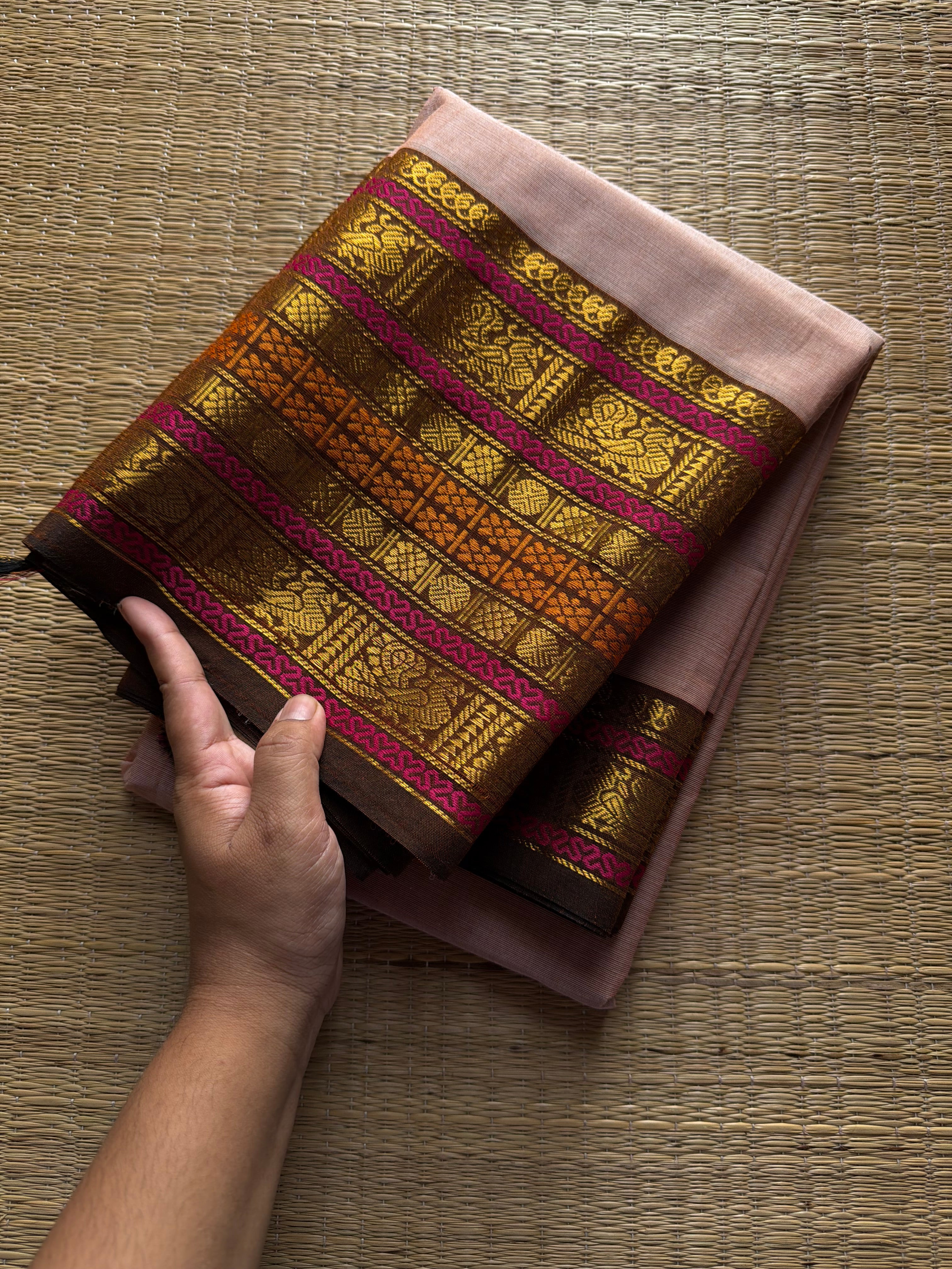 RF352 Beige shade Kanchi cotton saree with Varisaipet Annam pattern border