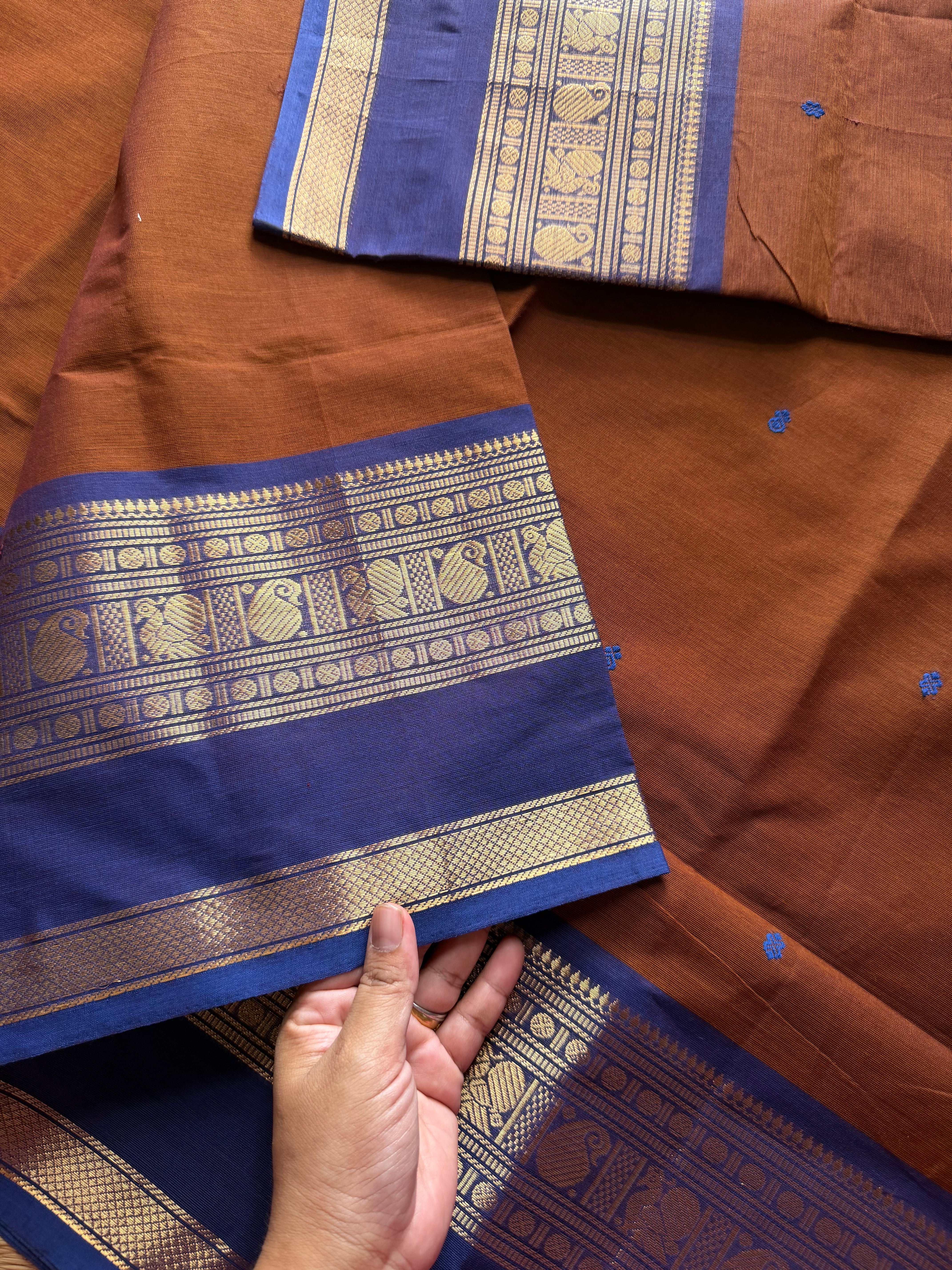 Honey shade with blue combination Kanchi cotton saree with handmade thread buttas