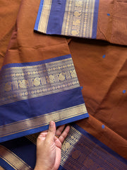 Honey shade with blue combination Kanchi cotton saree with handmade thread buttas