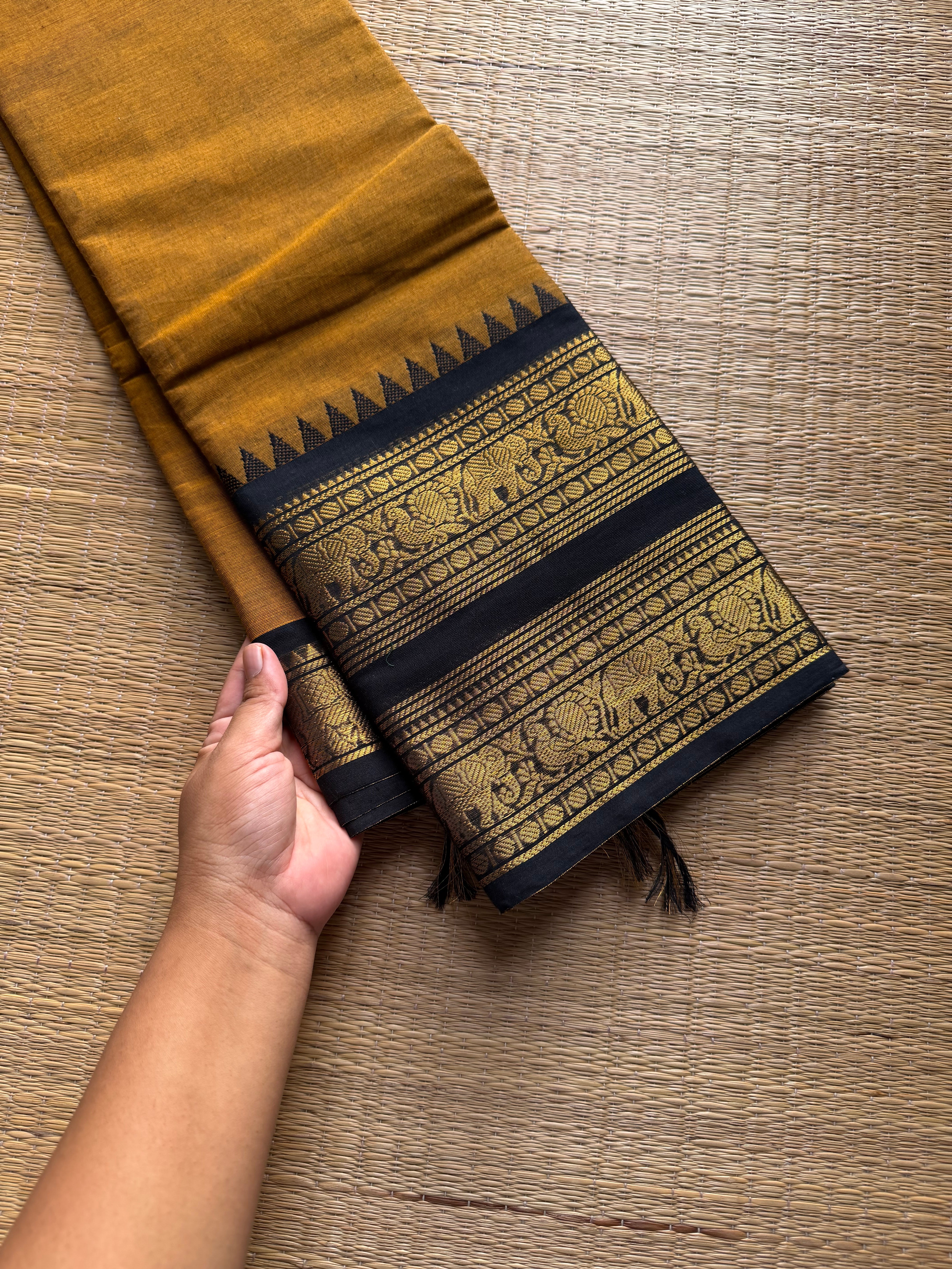 RF1016 Mustard with black combination Kanchi cotton saree with Rettapet border