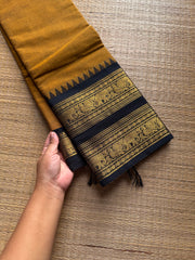 RF1016 Mustard with black combination Kanchi cotton saree with Rettapet border