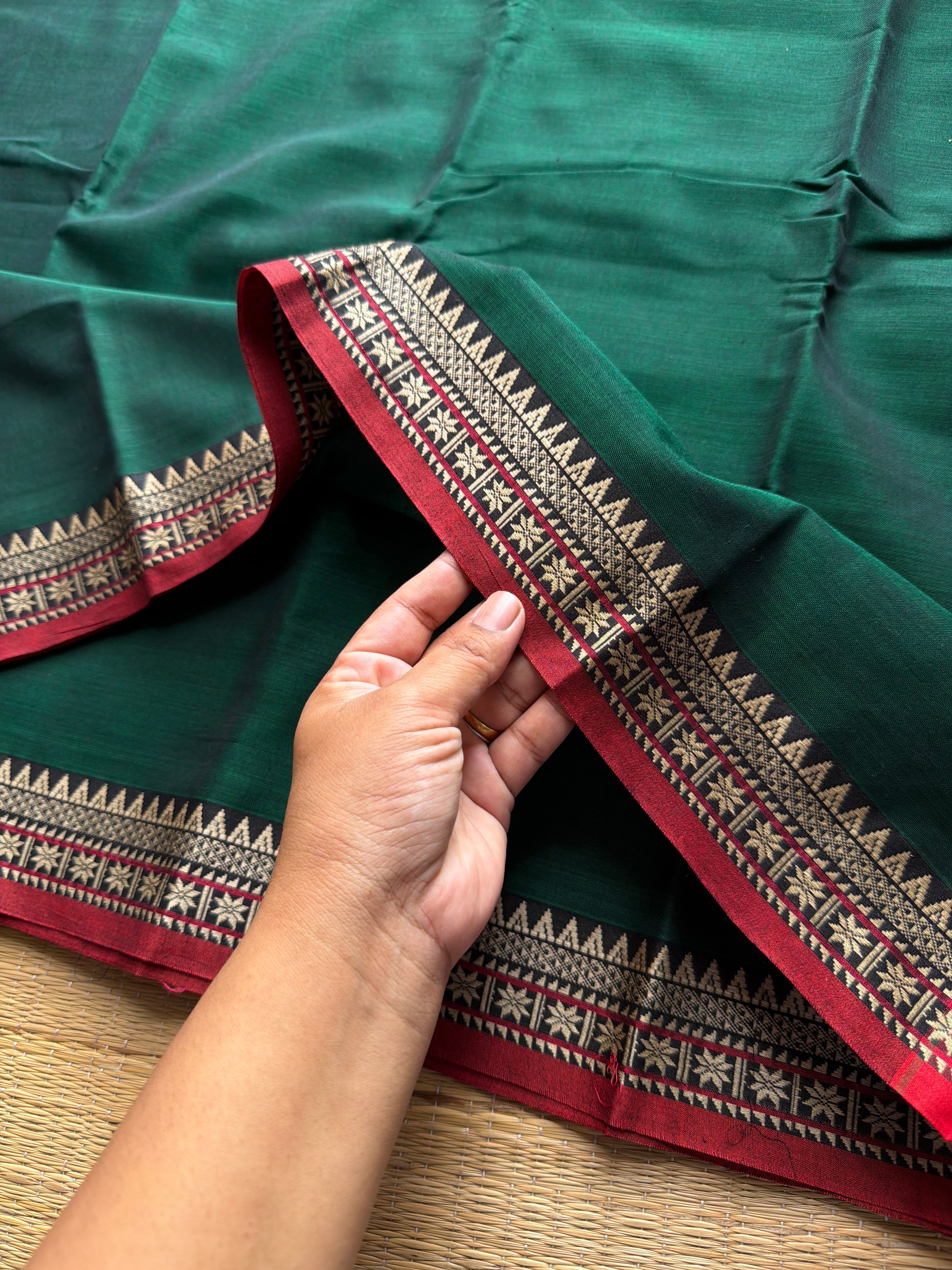 RF933 Bottle green ~ Mercerised Narayanpet soft cotton saree with small thread border