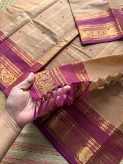 RF468 Sandal / beige with pink shade Kanchi cotton saree with silk saree inspired Annam and lotus border & handmade thread buttas