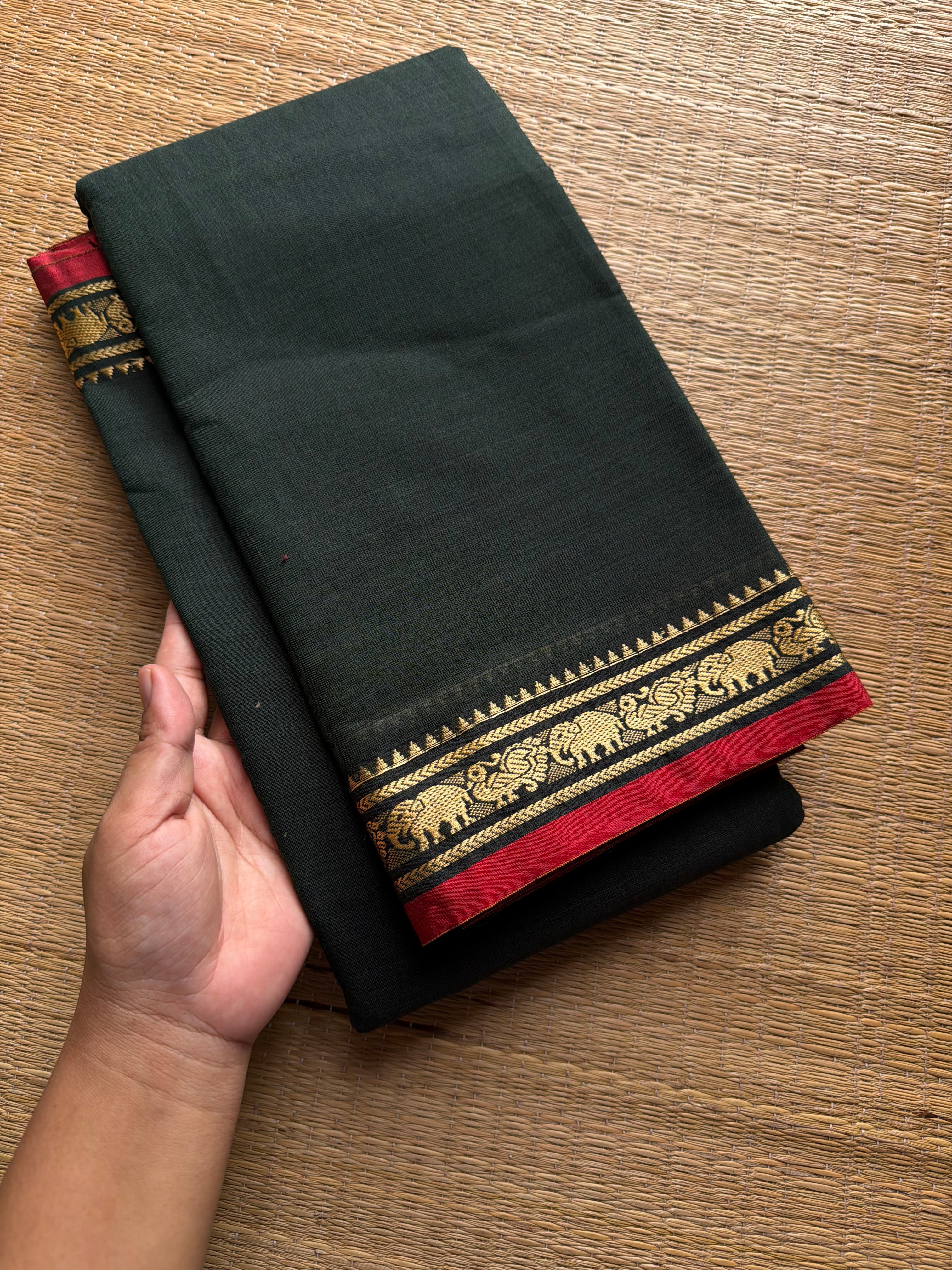RF935 Darkest bottle green ~ Mercerised Narayanpet soft cotton saree with small thread border