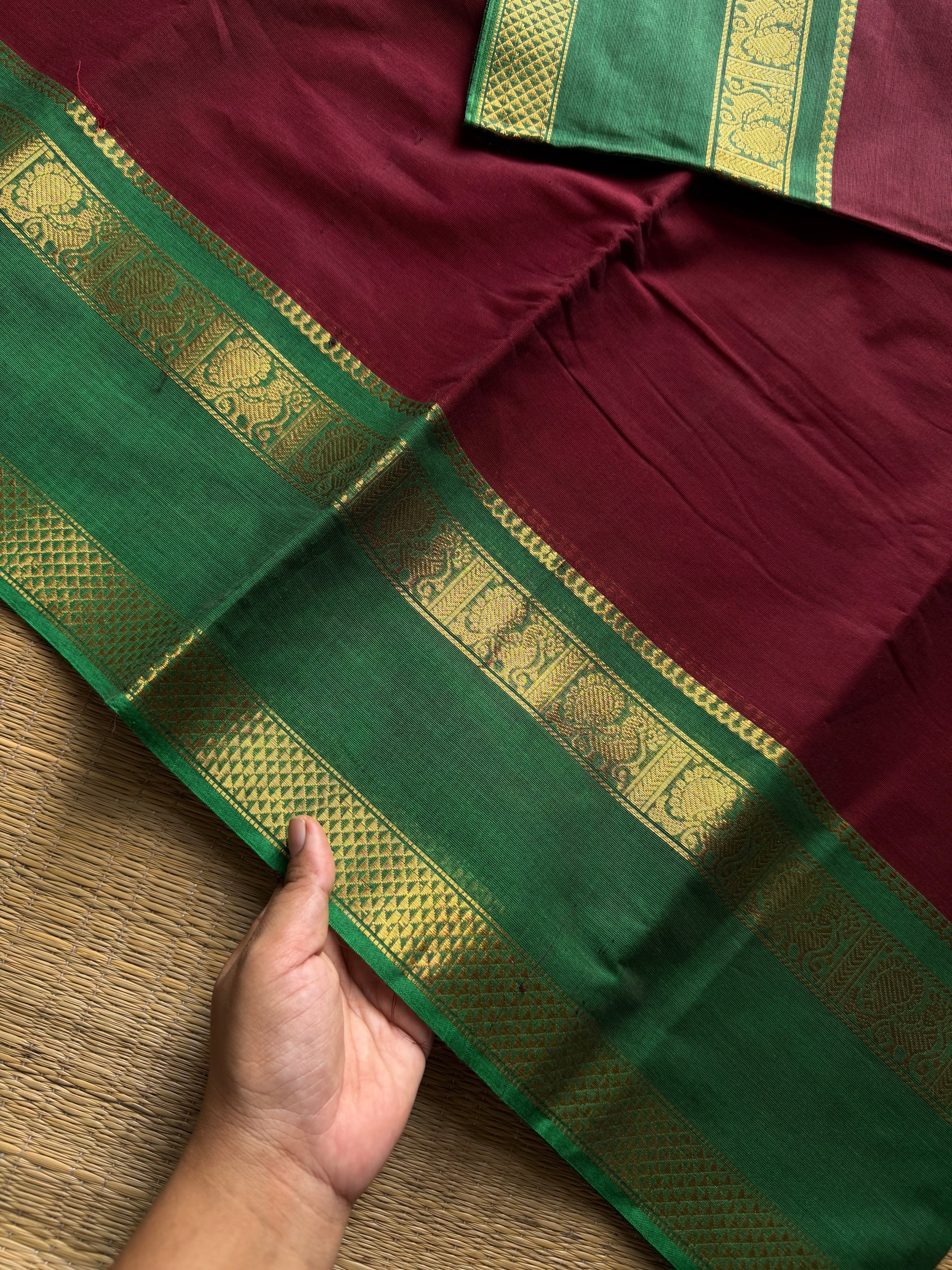 RF1159 Reddish maroon with green ~ Gap border Kanchi cotton saree