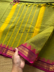 RF113 Green With Contrast Pink Small Zari Border Kanchi Cotton Saree